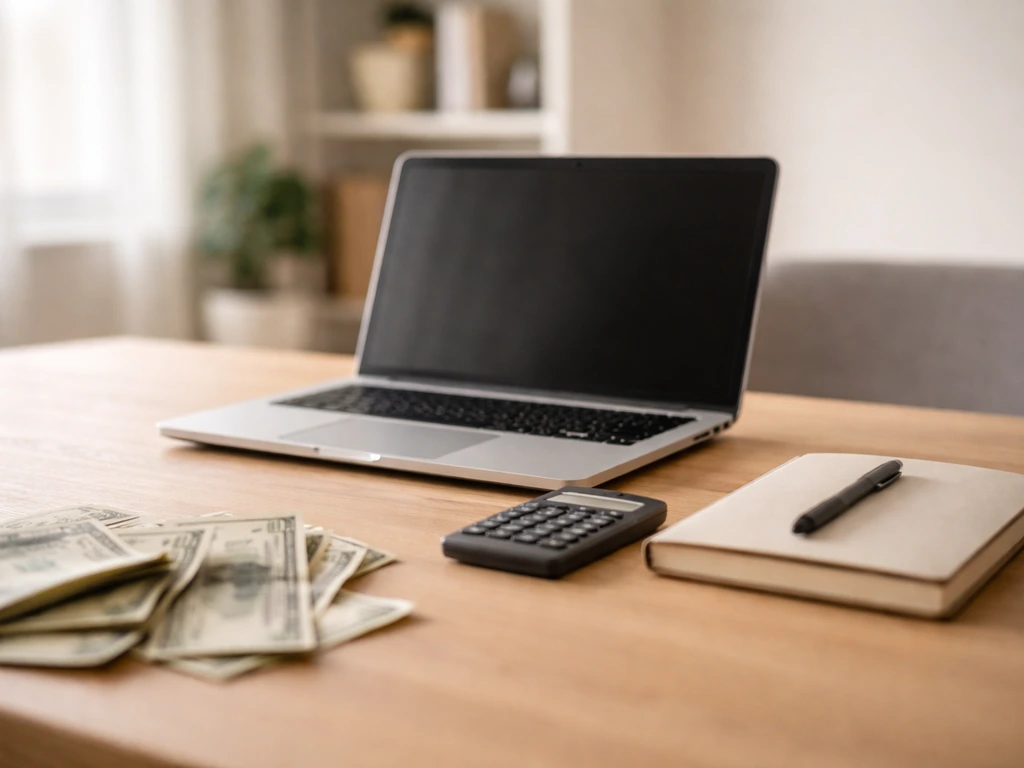 Minimal office scene with laptop and calculator beside scattered cash, symbolizing kass nelson net worth analysis.