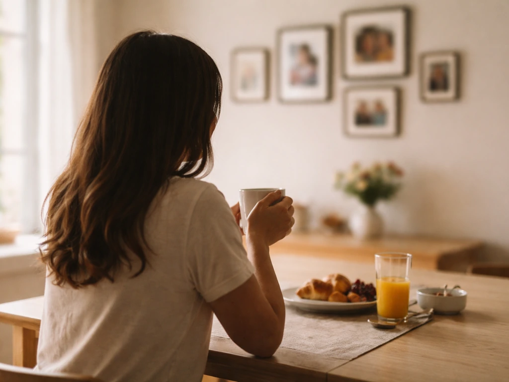 Woman silhouette in a bright home setting with a simple family-photo-like wall display, identity context vibe.