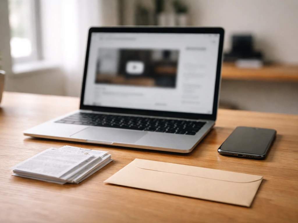 Minimal desk scene showing a laptop, smartphone, and cash envelope for a bottom-up estimate logic