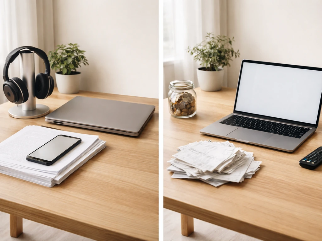 Two simple desk setups with laptop, receipts, and media gear, showing differing financial estimate inputs.
