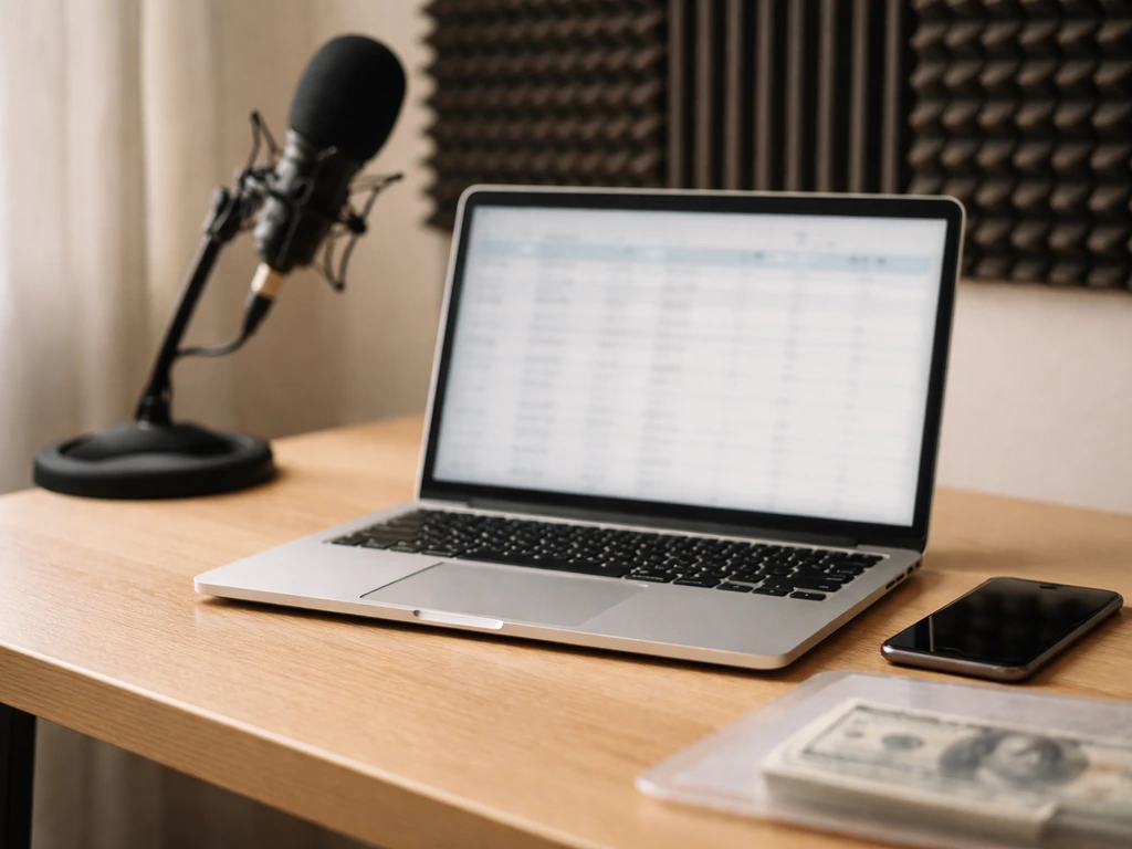 Desk with blurred numeric listings on a laptop, cash, phone, and a studio microphone in the background.