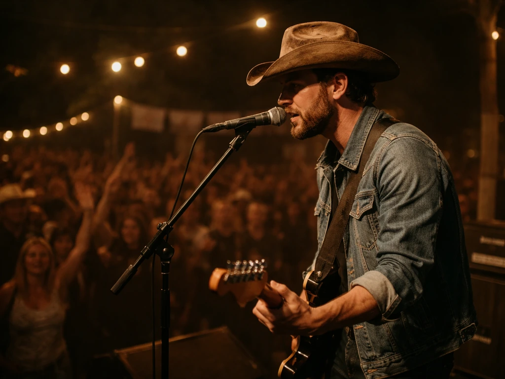 Anonymous cowboy-hat guitarist performs on a warmly lit stage with a blurred crowd in the background.