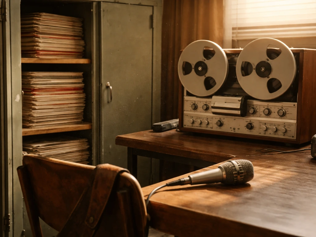 Vinyl records and studio microphone beside a tape machine, evoking an album-era Columbia recording vibe.