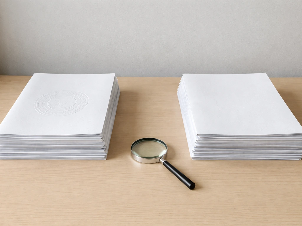 Two distinct document stacks separated on a desk with a magnifying glass between them.