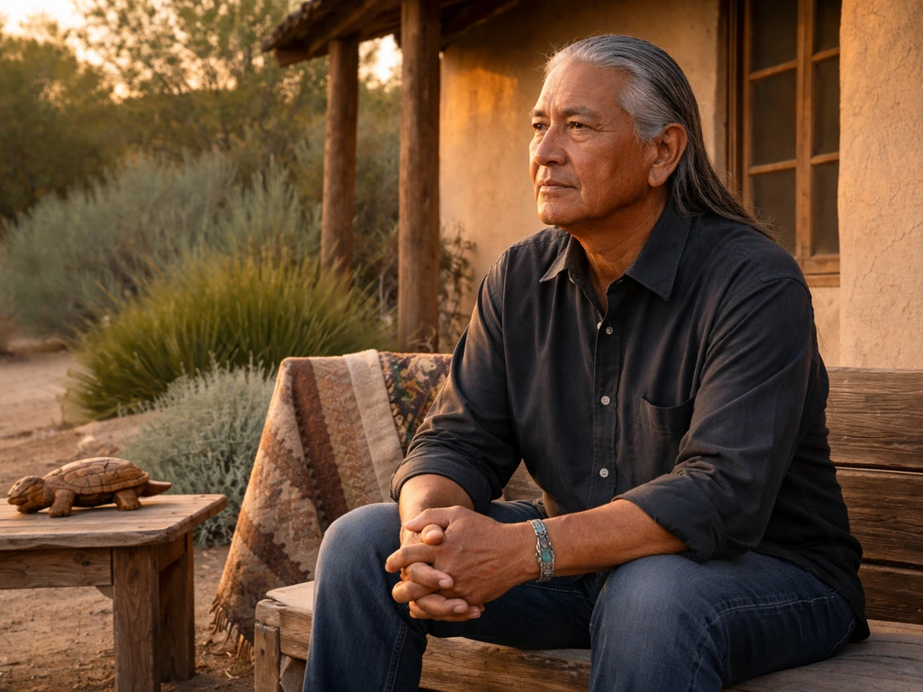 Indigenous leader in Santa Ynez seated outdoors in warm light, symbolizing tribal chairman leadership.