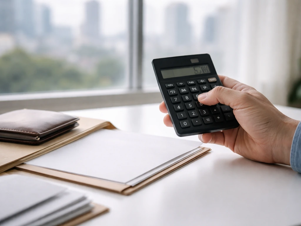 Hand holding a calculator above a neat desk with a folder and blurred city skyline, suggesting net worth calculation.