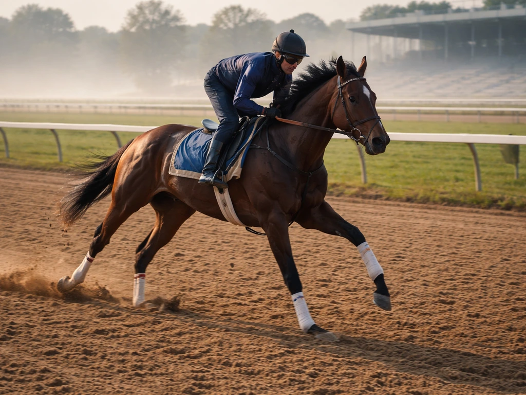 Racehorse and jockey on a dirt track at sunrise, symbolizing a horse racing syndicate founder’s world
