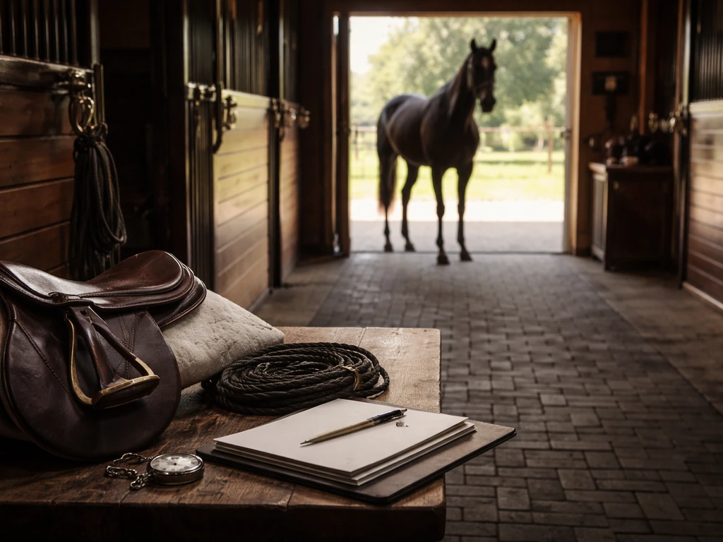 A thoroughbred in a quiet stable with a saddle and leather gear on a bench, symbolizing horse racing milestones.