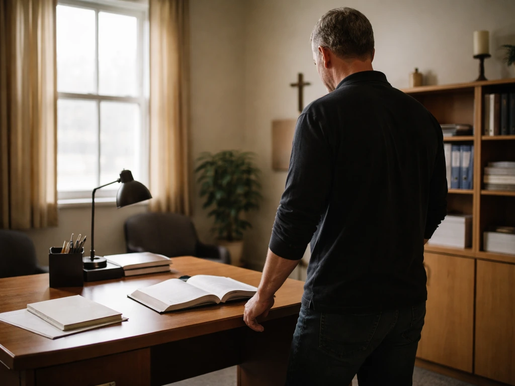 Anonymous church office scene with an administrator by a desk and an open Bible, soft natural light.