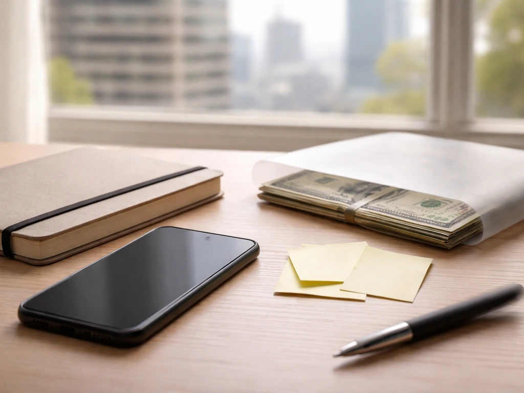 Minimal desk scene with phone and money, symbolizing a dated financial estimate range without any text.