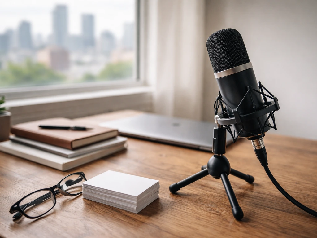 Close shot of a studio microphone on a desk beside blank notebooks and a laptop, with a city view.