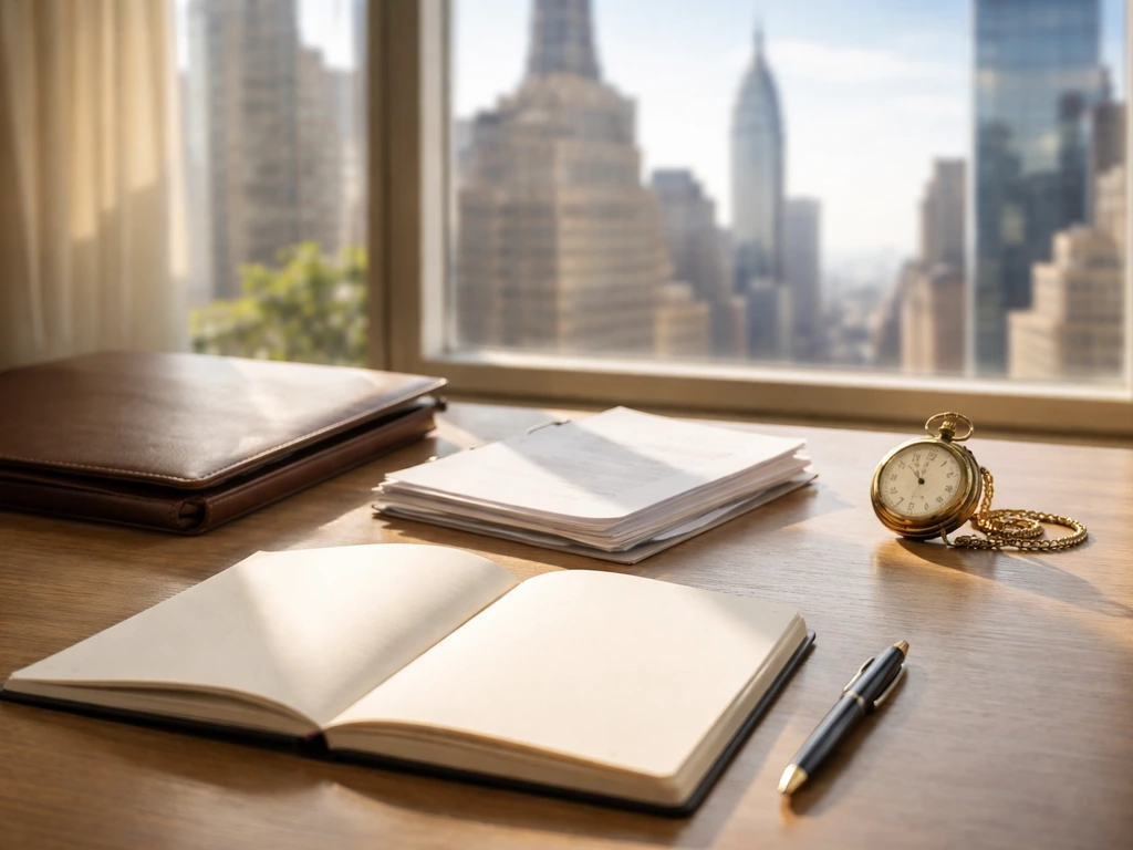 Minimal desk scene with pen, portfolio, investment papers, and a gold pocket watch by a window.
