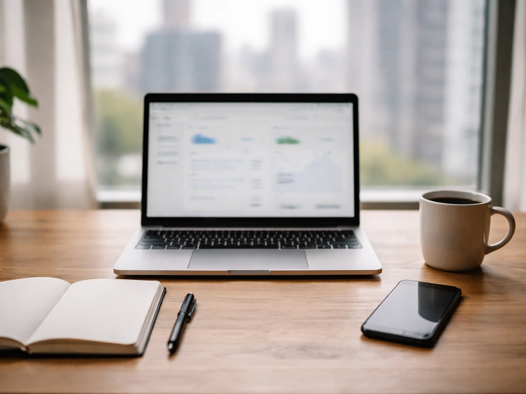 Minimal desk with laptop and phone for verifying finance information from public sources