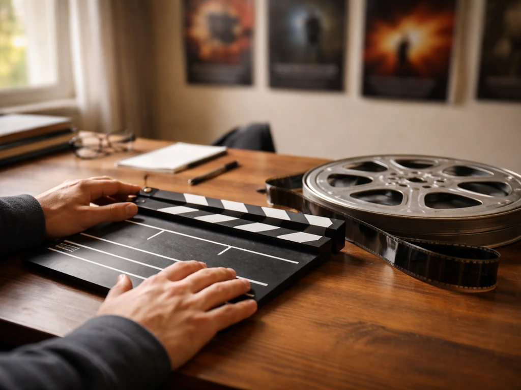 Close-up of an anonymous film clapperboard and vintage 35mm reel on a studio desk, symbolizing a film producer.