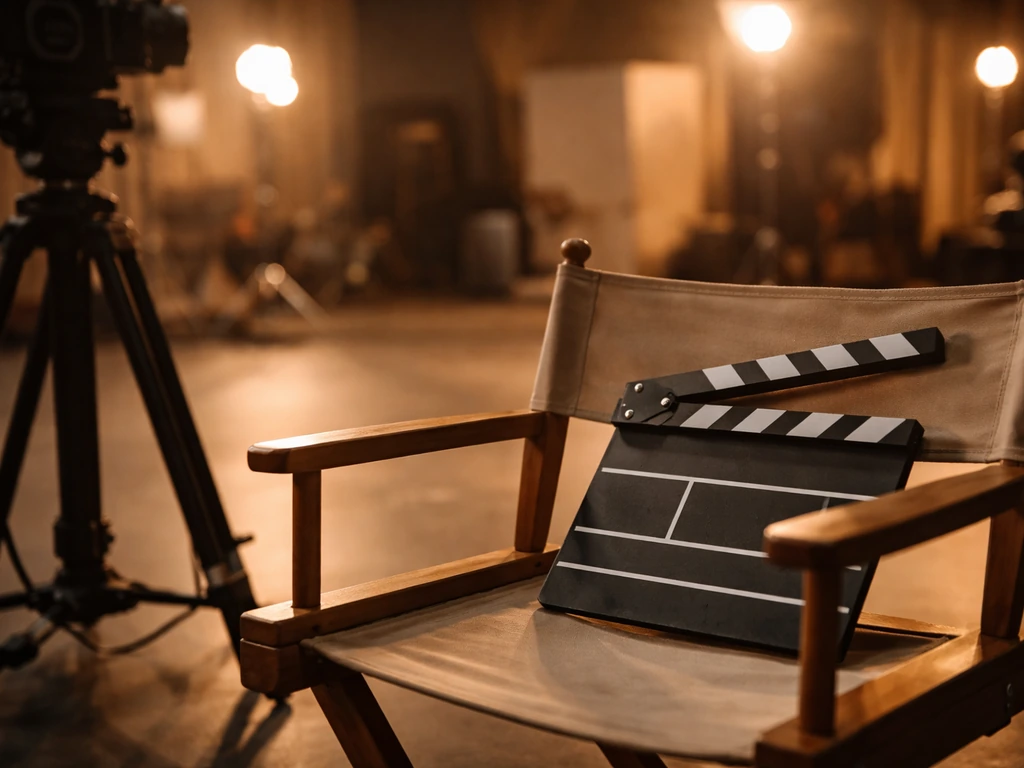 Vintage clapperboard on a chair beside a film tripod on an empty Hollywood set at golden hour.