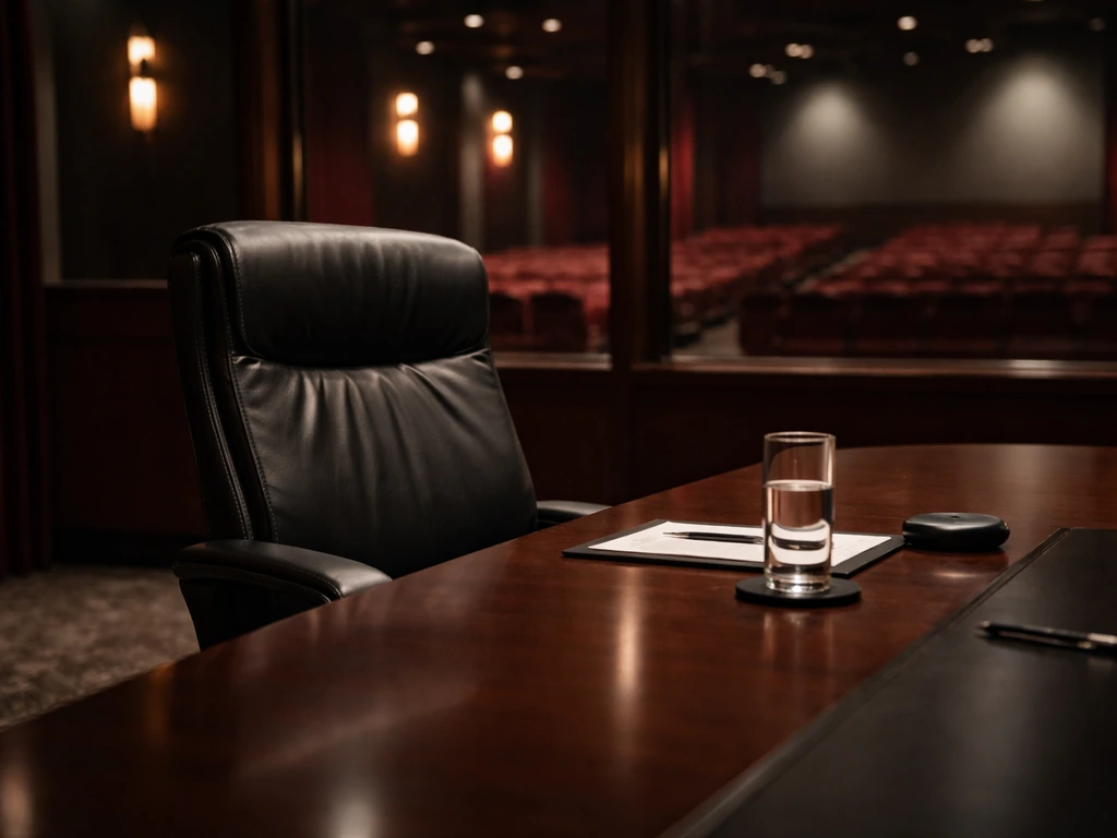 An empty luxury theater boardroom-style room with a single leather chair and subtle cinematic ambience