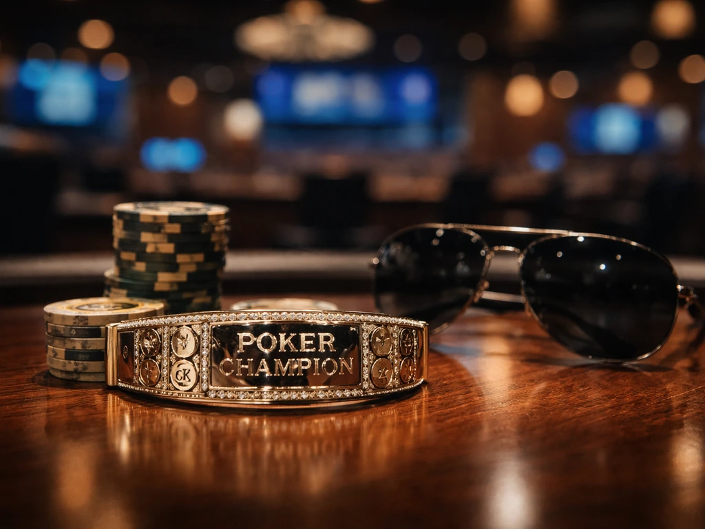 Silver poker bracelet and chips on a casino table with blurred tournament lights in the background.