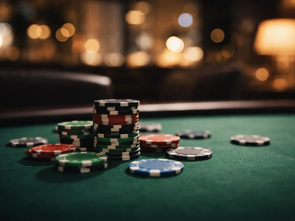 High-stakes poker cash-game vibe: close poker table felt with chips and a muted financial backdrop