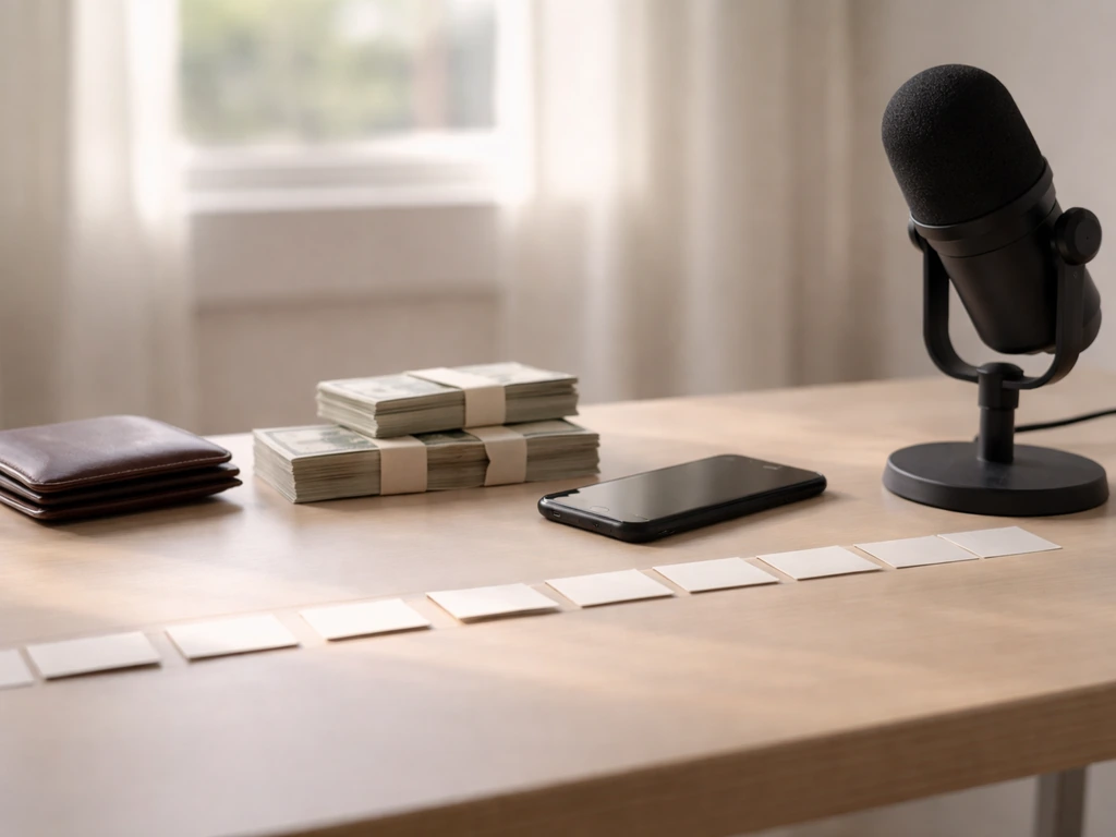 Minimal desk scene with wallet, cash, phone, and a blank paper timeline strip under natural light.