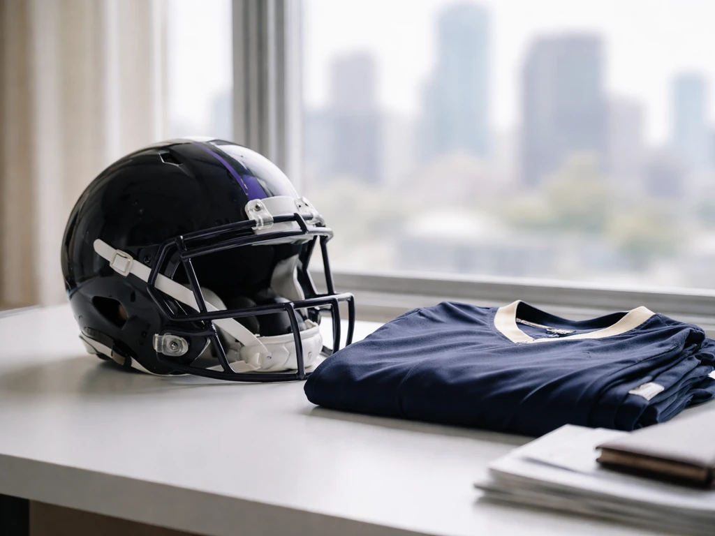 Navy football gear and documents on a desk with a blurred city skyline, symbolizing sports wealth research.