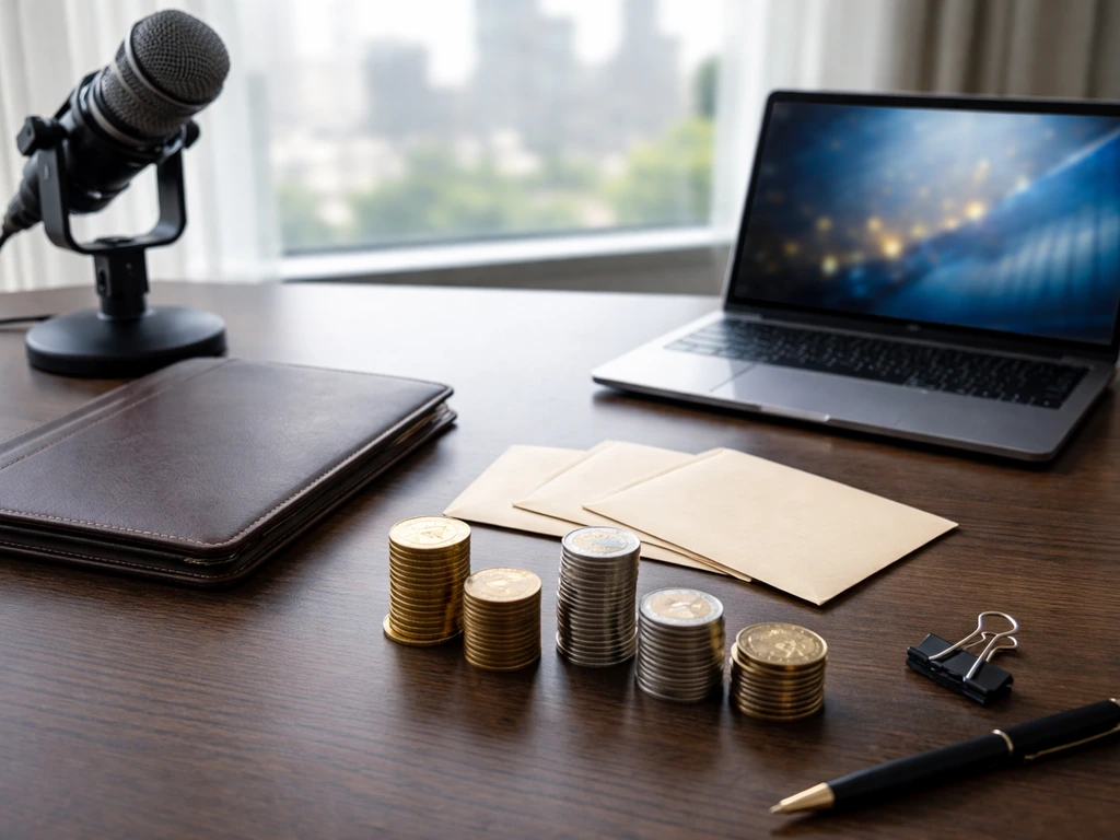 Minimal office desk scene with coin and envelope piles beside a microphone and laptop, symbolizing NFL income components
