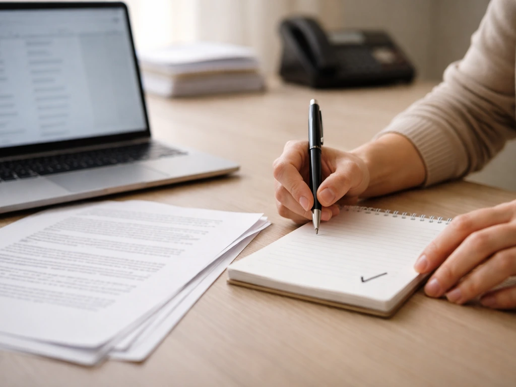 Person reviewing contract printouts and salary figures on a desk with a laptop and pen
