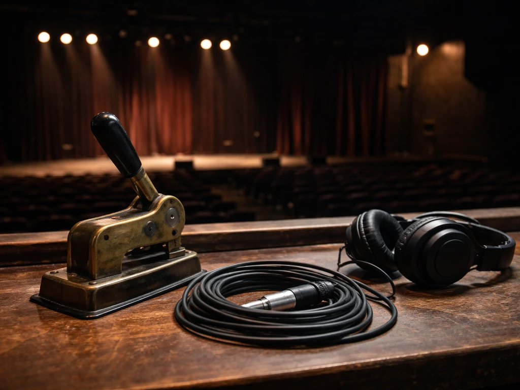 Empty Stamford concert hall workspace with headphones and microphone cables suggesting a promoter office.