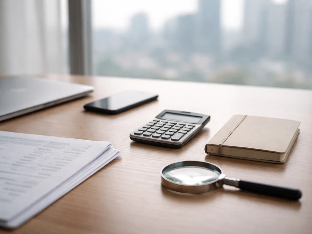 Minimal desk scene with calculator, papers, and magnifying glass suggesting net-worth estimate inputs.
