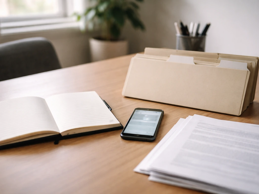 Desk setup with phone and blank documents suggesting DIY public-record verification.