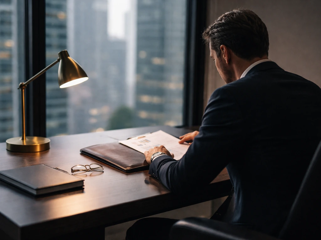 Anonymous private-equity scene with a suited figure at a quiet office desk, evoking KKR co-founders