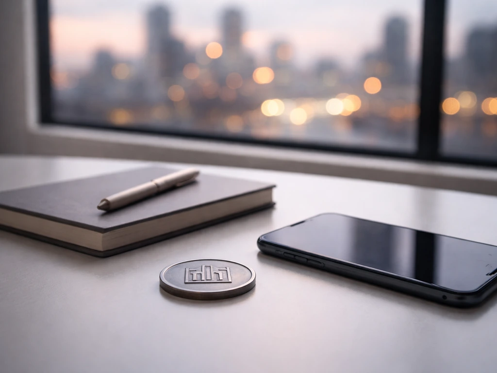 Close view of a modern trader’s desk with NYSE-style market lights and a subtle share-related impression