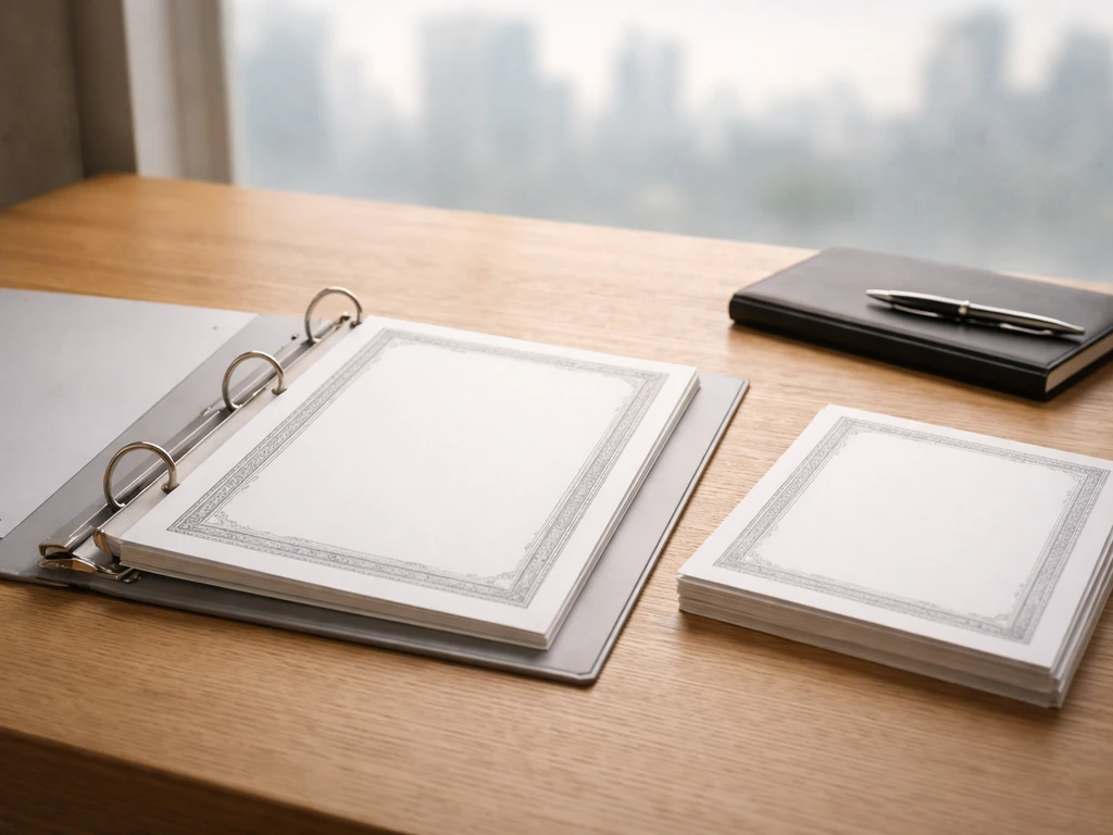 Open binder with blank certificate-style papers on a wooden desk, evoking equity compensation disclosures.
