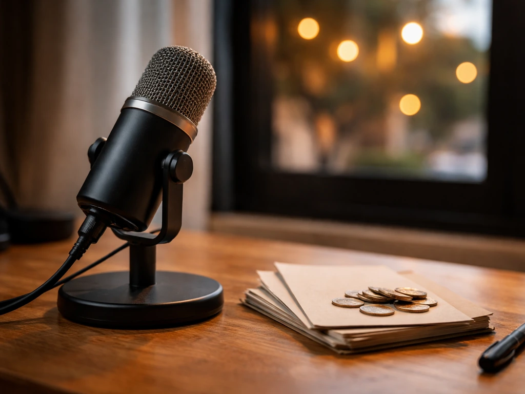 Minimal photo of a podcast mic and cash-like props on a studio desk, evoking net worth estimation