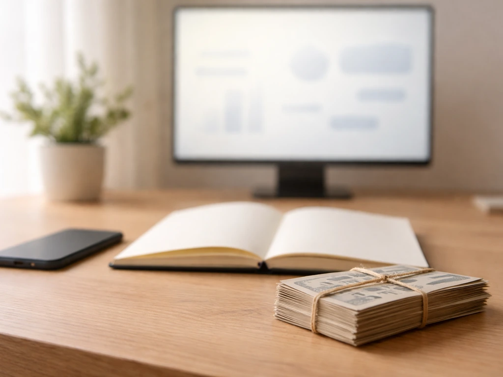 Minimal desk scene with cash envelopes and a phone, symbolizing a creator net-worth estimate breakdown.