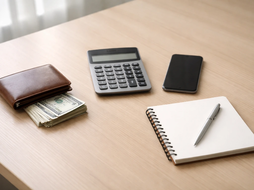 Minimal office desk with a calculator and cash envelope, symbolizing net worth vs income comparison.