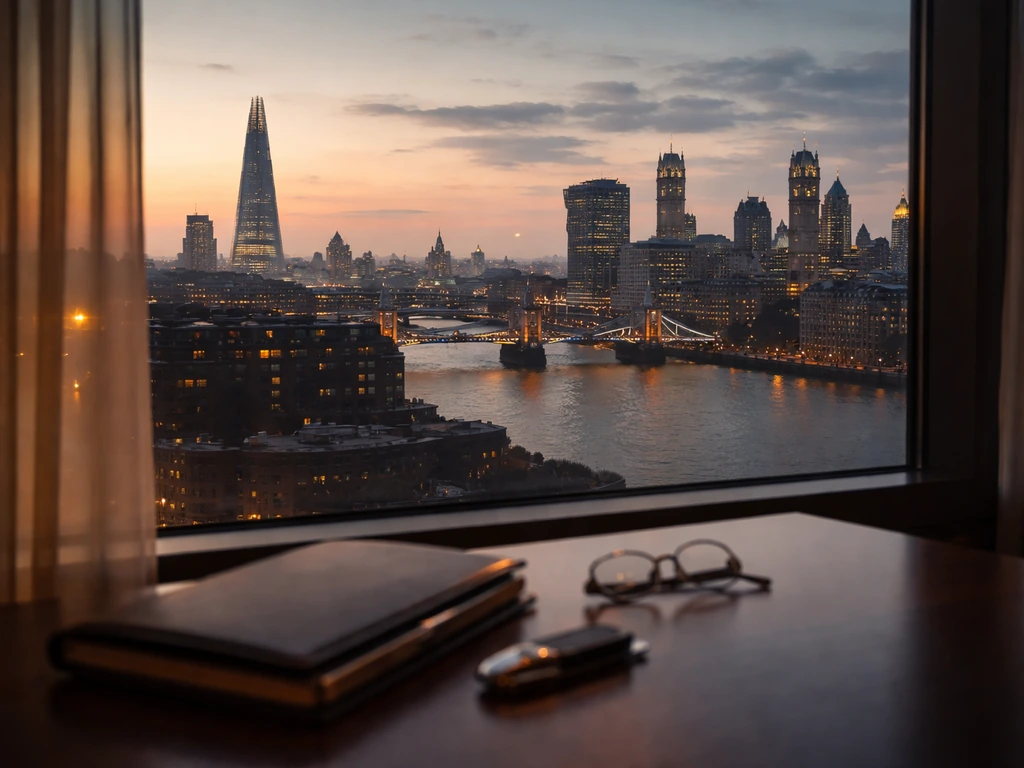 London skyline at dusk with an out-of-focus property office window symbolizing wealth and real-estate investing.
