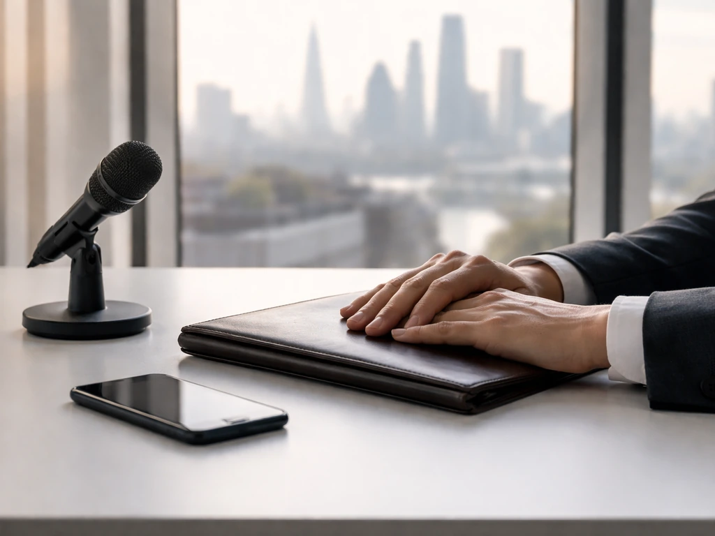 Hands on a desk with a portfolio and phone near a London window, symbolizing property investing and media work.
