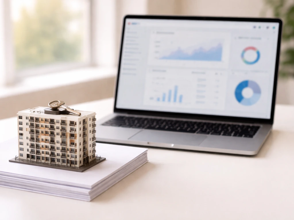 Desk scene with a laptop, blank business documents, and a small building model with a key
