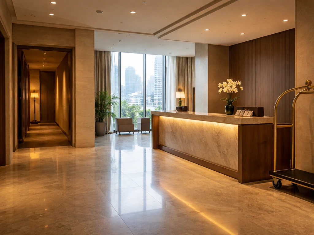 Minimal view of a modern London hotel lobby with city skyline through windows, suggesting a hospitality project.