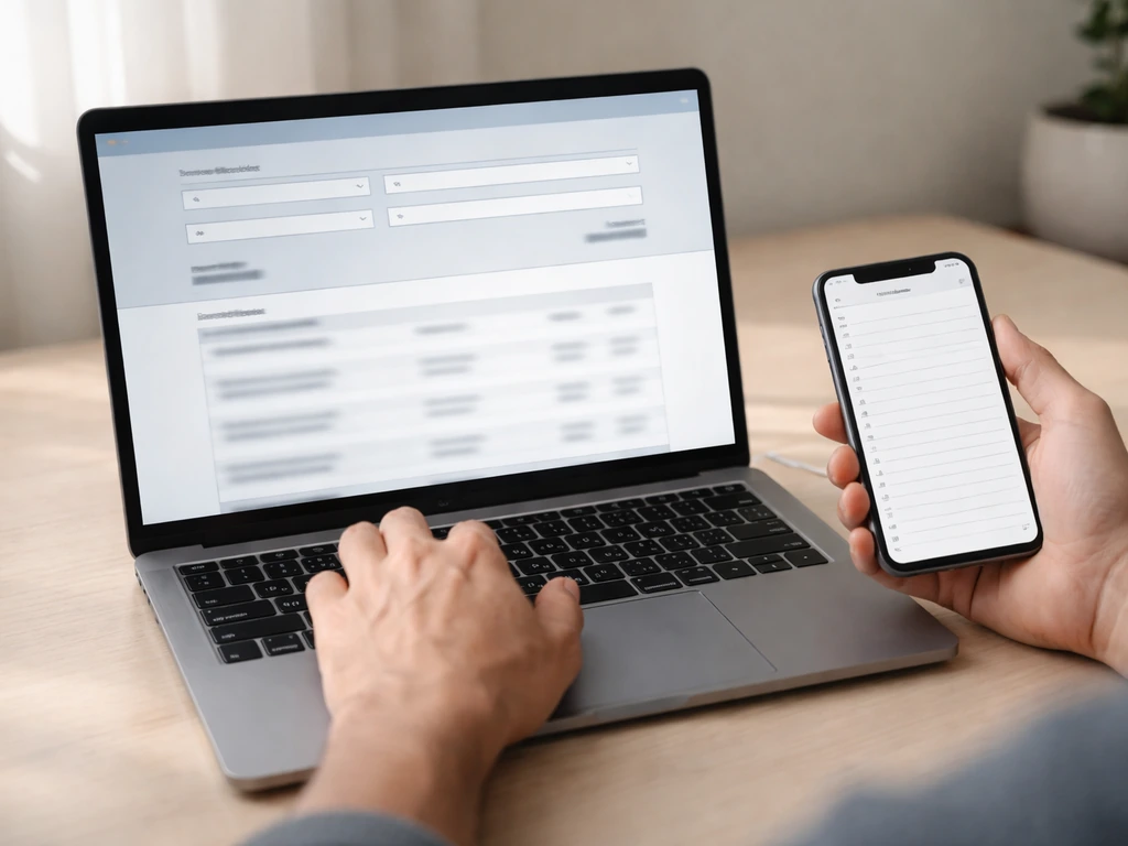 Person using laptop and phone to research a business record online in a quiet home office