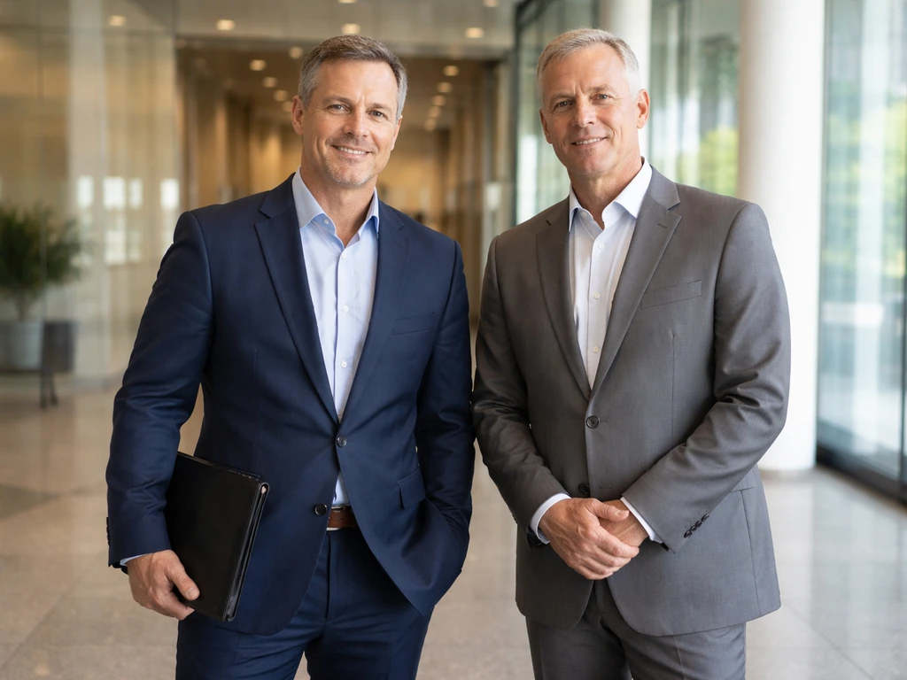 Two middle-aged brothers standing side by side in a modern office lobby, formal attire and understated elegance