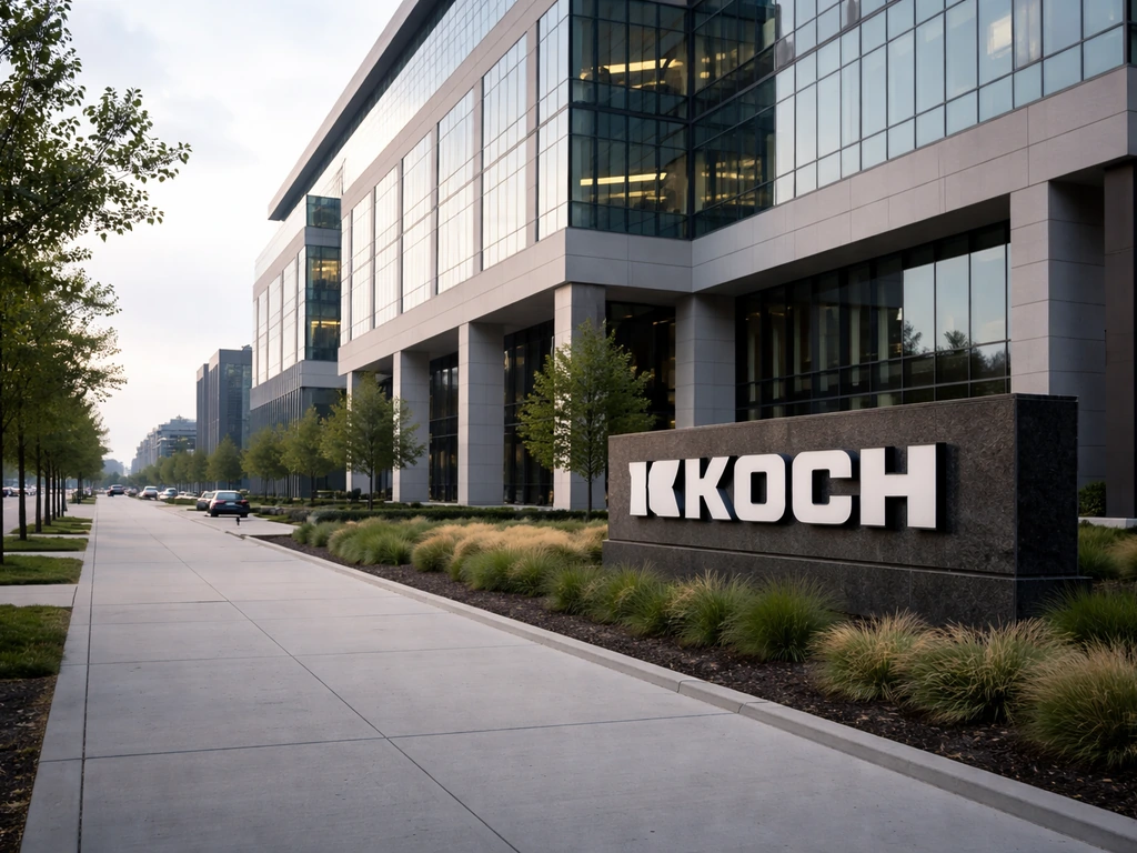 Exterior of a modern corporate headquarters building with a KOCH sign, empty street in soft natural light.