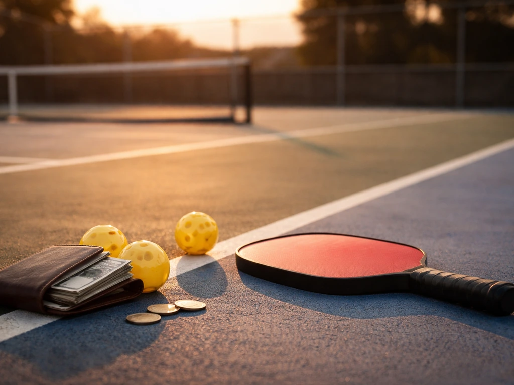 Minimal pickleball court with subtle money motif suggesting net-worth estimation.