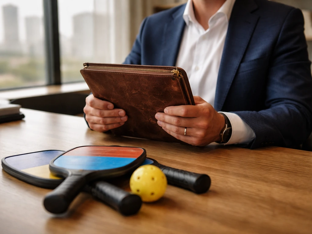 Anonymous Texas entrepreneur at a desk with pickleball paddles and a leather portfolio, blurred office background.