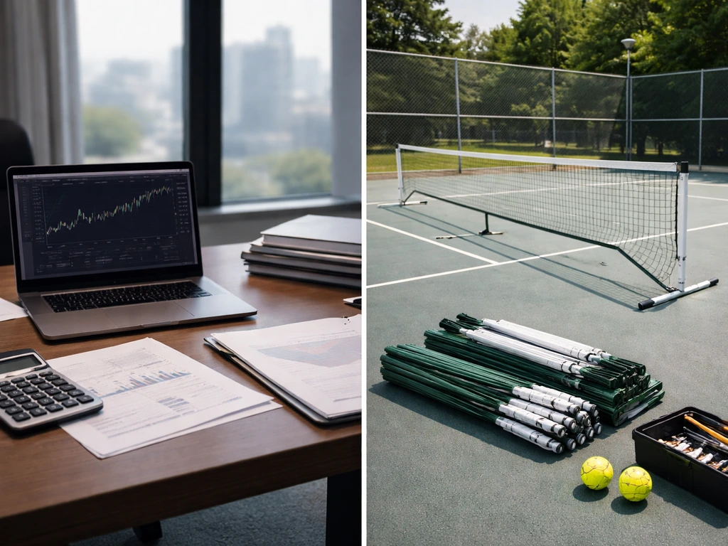 Split image: tidy finance desk on the left and a partially set pickleball court with nets on the right.