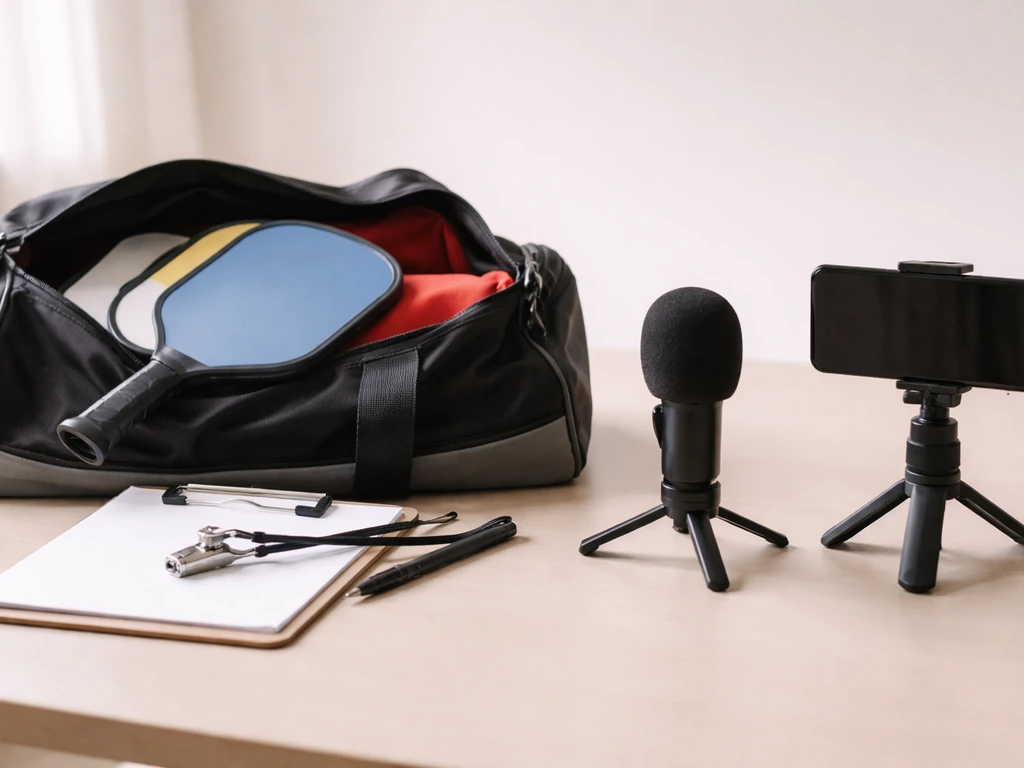 Sports paddles and coaching gear beside a phone and microphone on a simple table.