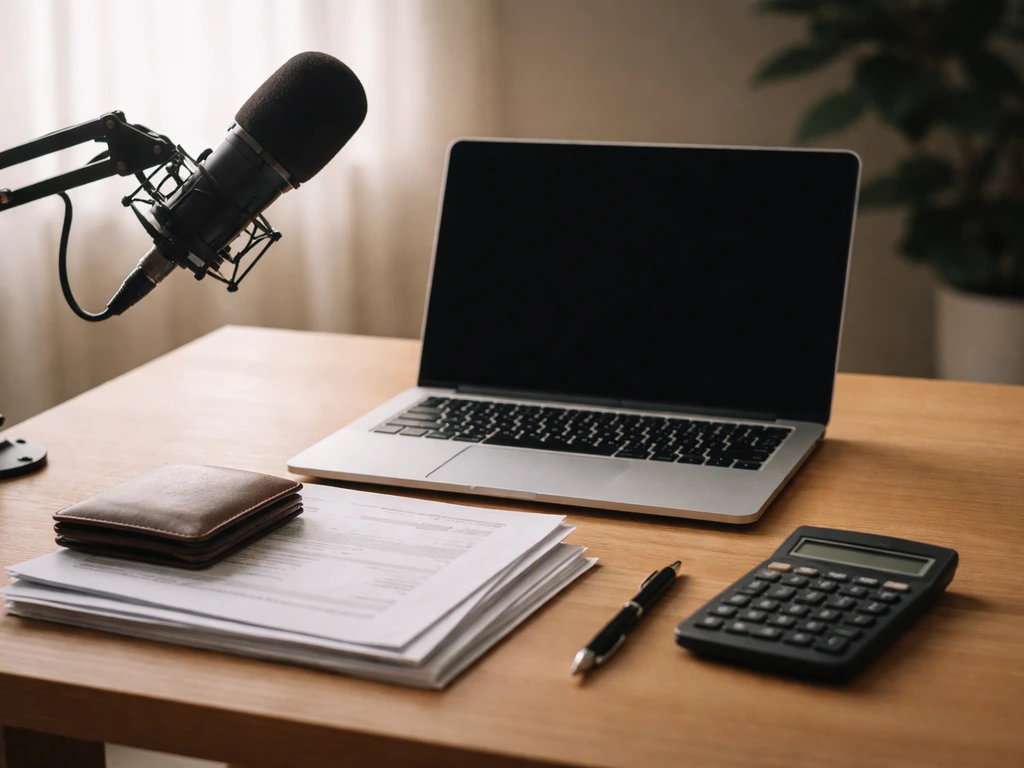 Minimal desk scene with laptop, microphone, calculator, and paperwork suggesting actor net-worth research inputs.