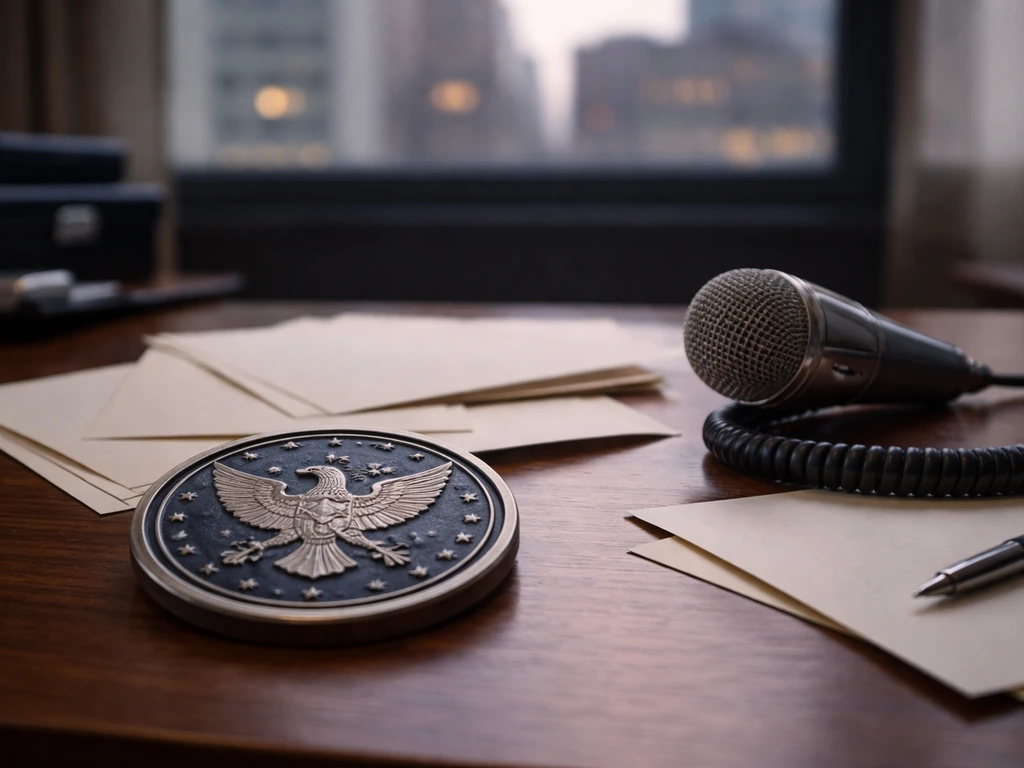 Minimal FBI-themed desk scene with vintage microphone and framed eagle insignia, symbolizing a public law career