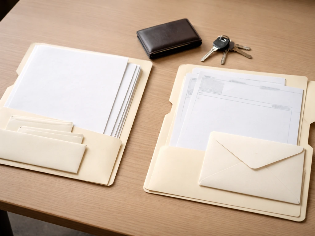 Desk with two open folders side-by-side holding blank documents and bills, symbolizing assets and liabilities.
