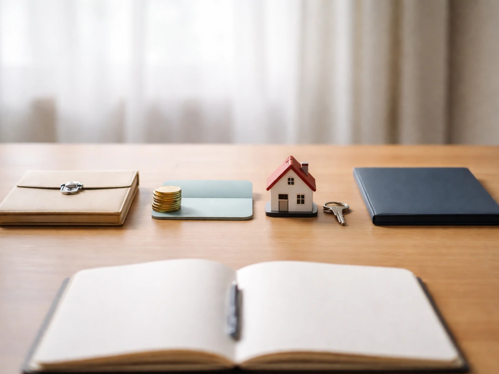 Minimal desk scene with four simple icon-like objects representing pension, savings, real estate, and investments.